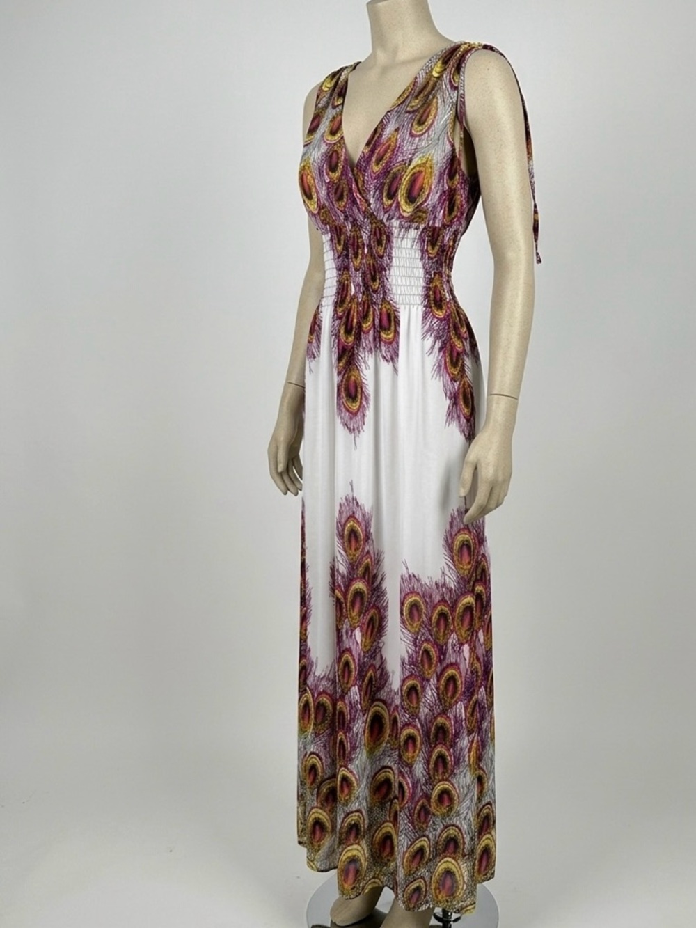 Peacock-Print V-Neck Maxi Dress in Cream and Purple
